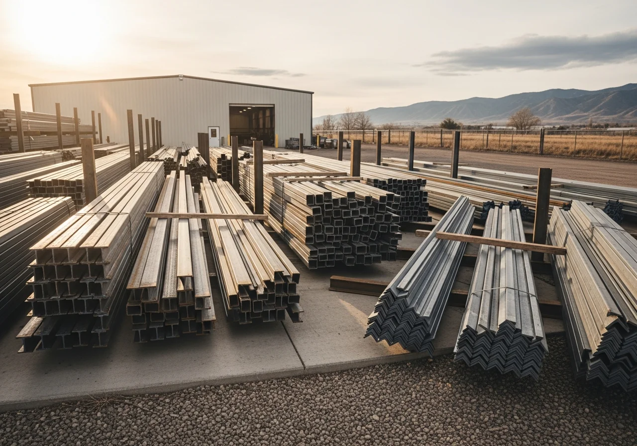Construction crew and steel framing materials on an agricultural building project site.