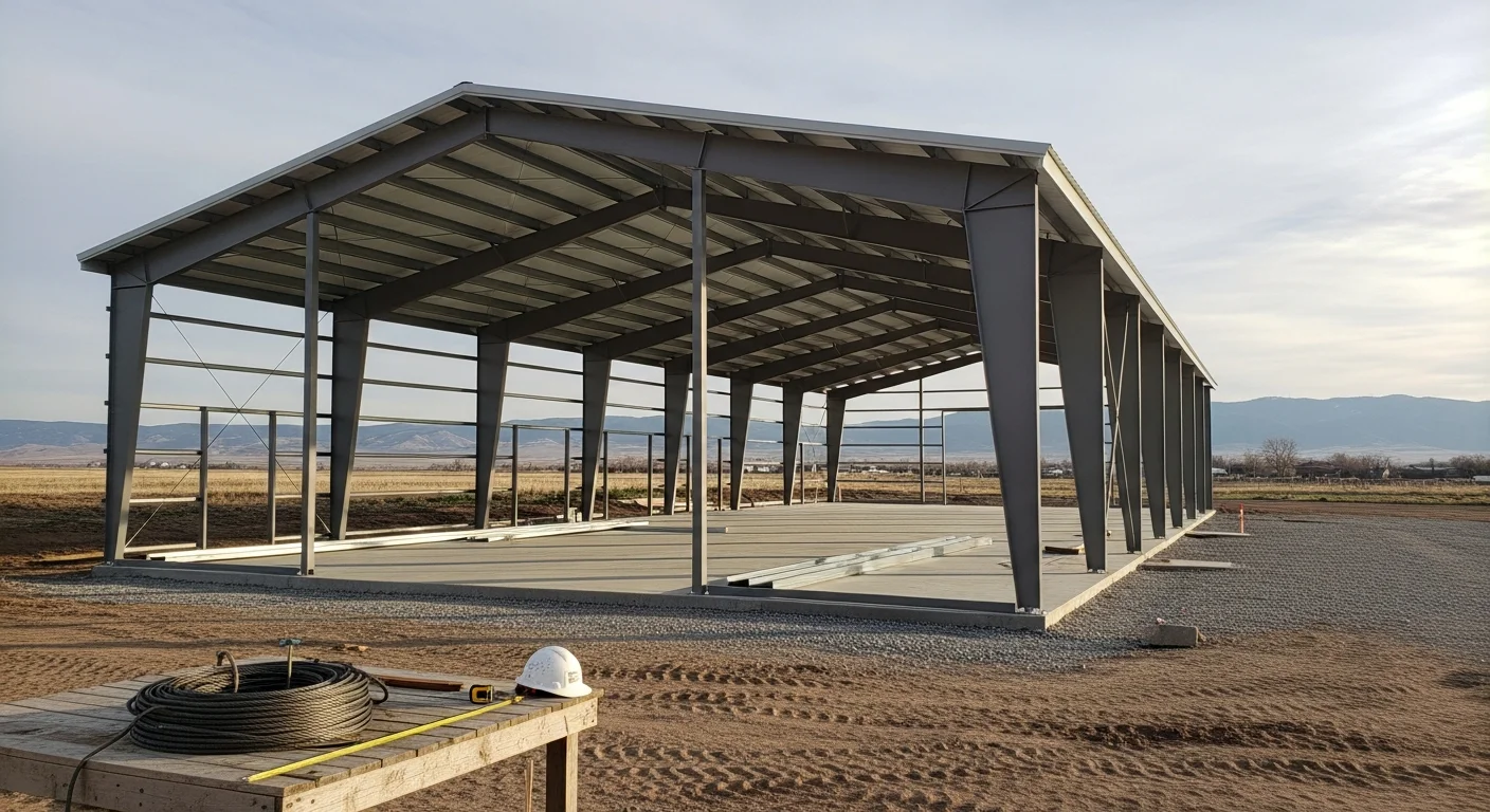 Steel framed agricultural building under construction in Loveland, Colorado