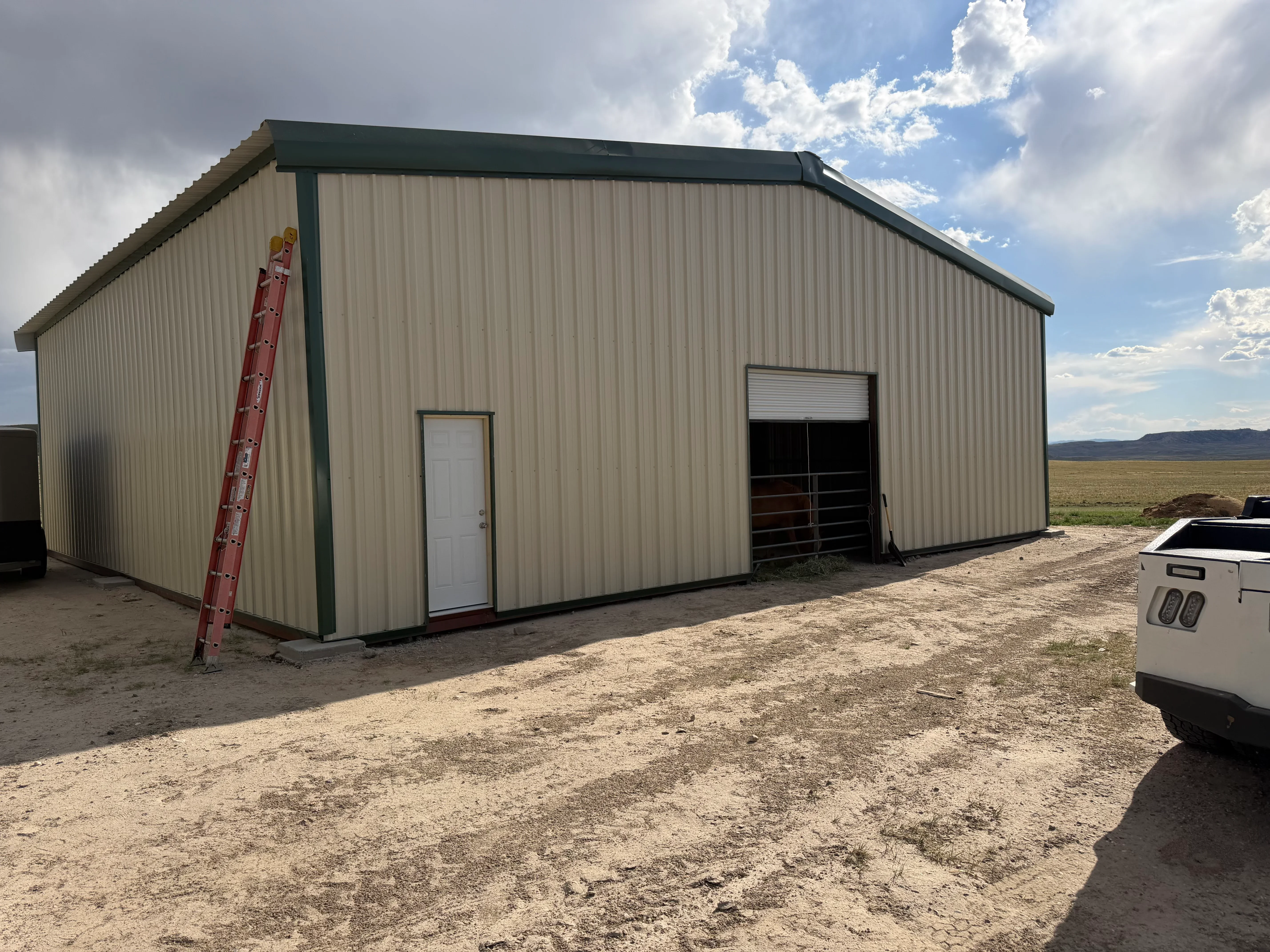 Corrugated metal building with green trim, personnel door, and livestock gate opening