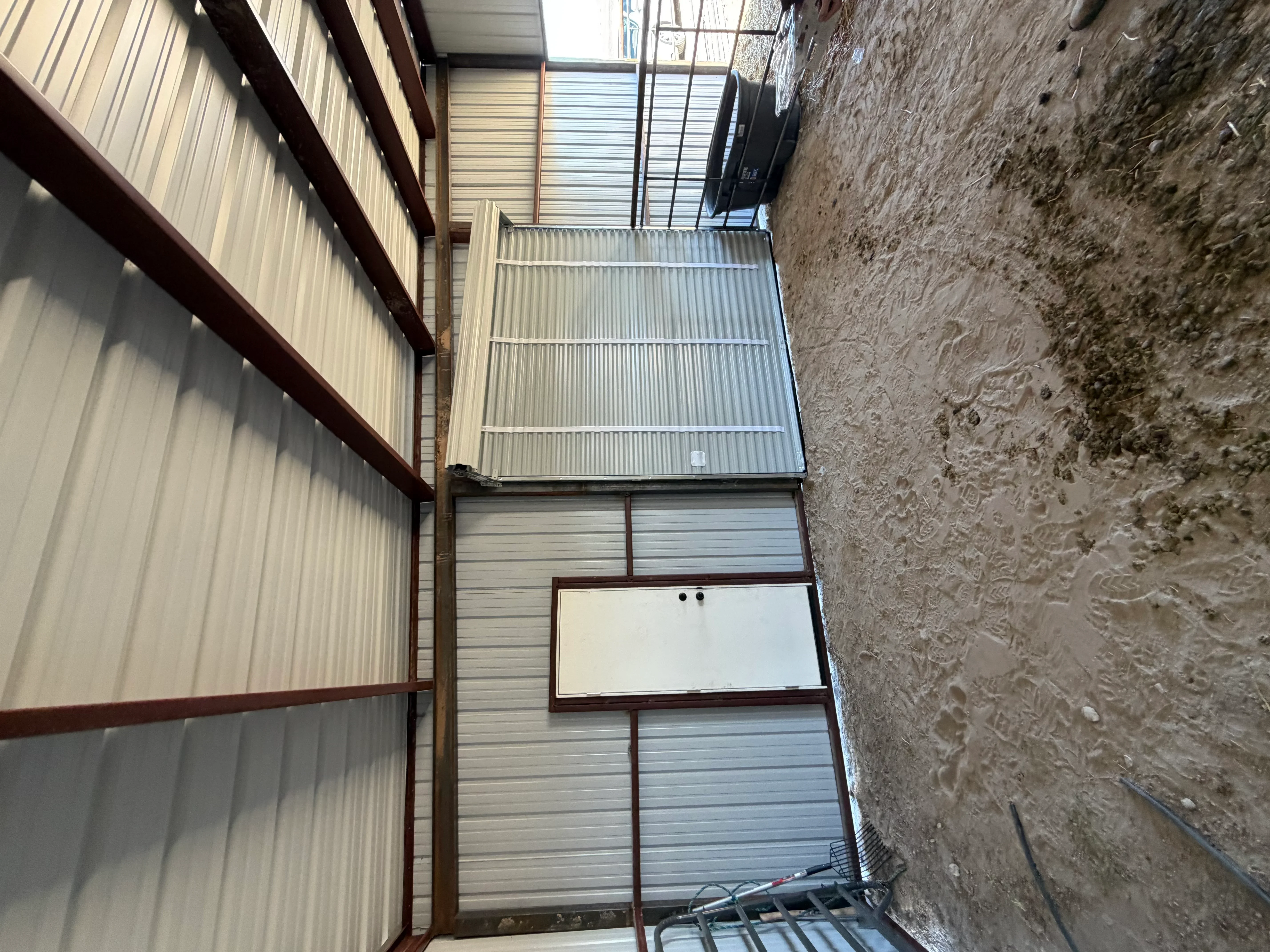 Metal building interior showing corrugated steel roof, structural frame, and skylights
