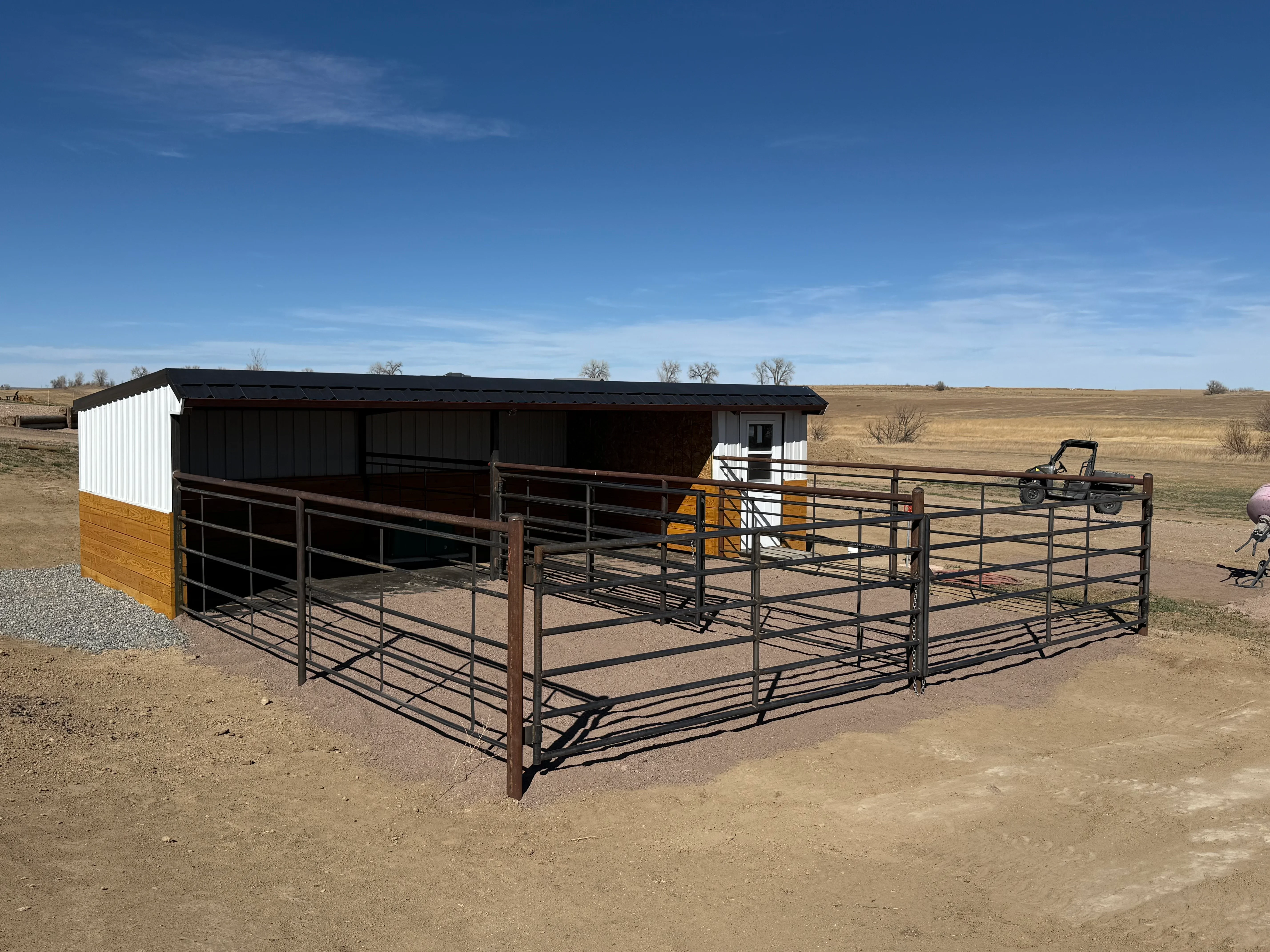 Metal livestock shelter with corrugated siding and covered pen area with steel pipe fencing