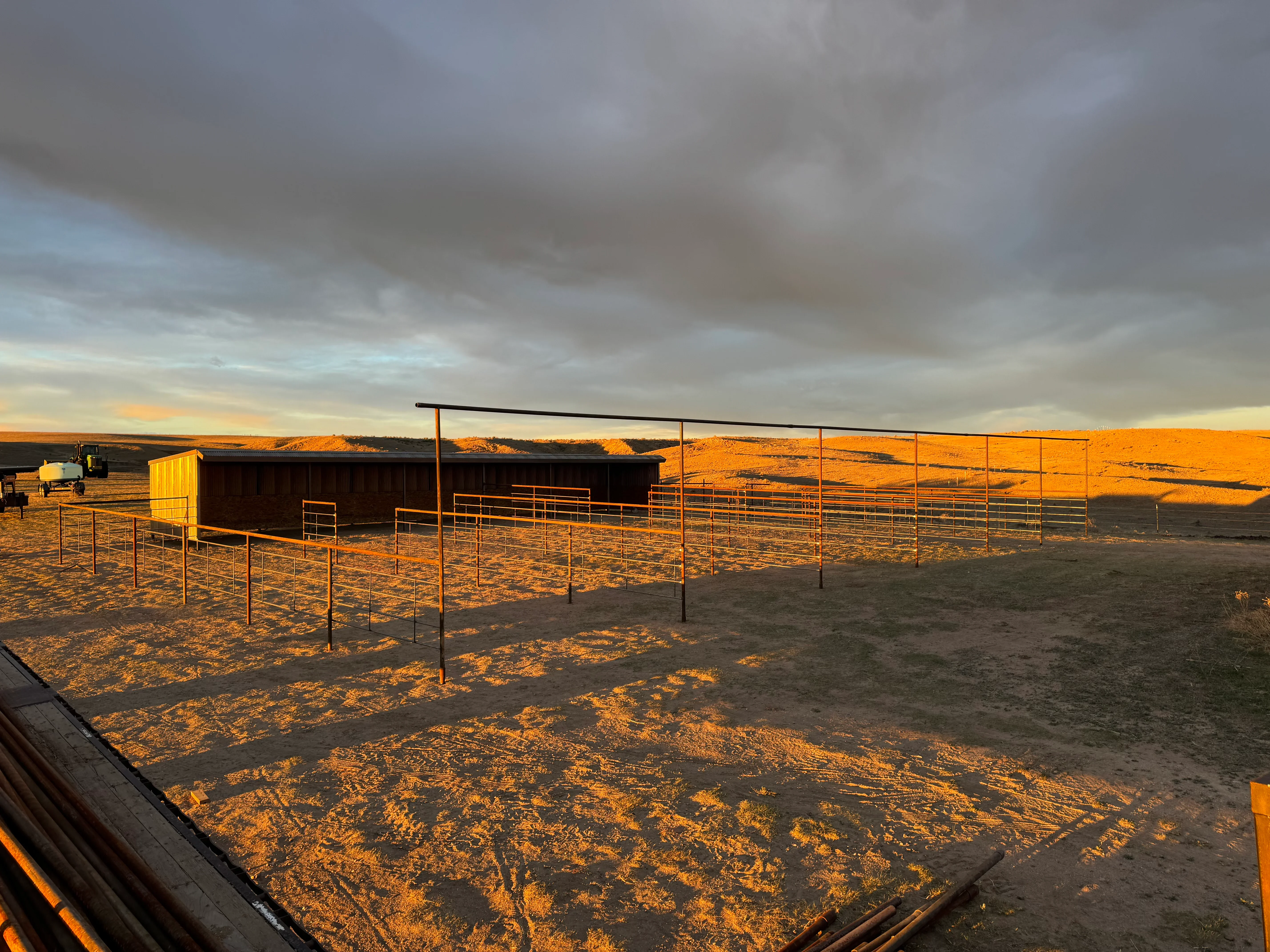 Metal building shelter with steel pipe livestock pens on prepared dirt foundation