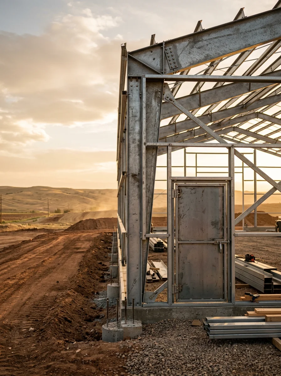 Close-up of steel frame livestock facility with reinforced wind bracing and equipment access door, showing foundation and site grading work
