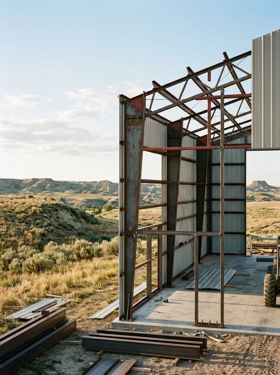 Hay storage building under construction in Powder River Basin landscape with grassland and distant badlands