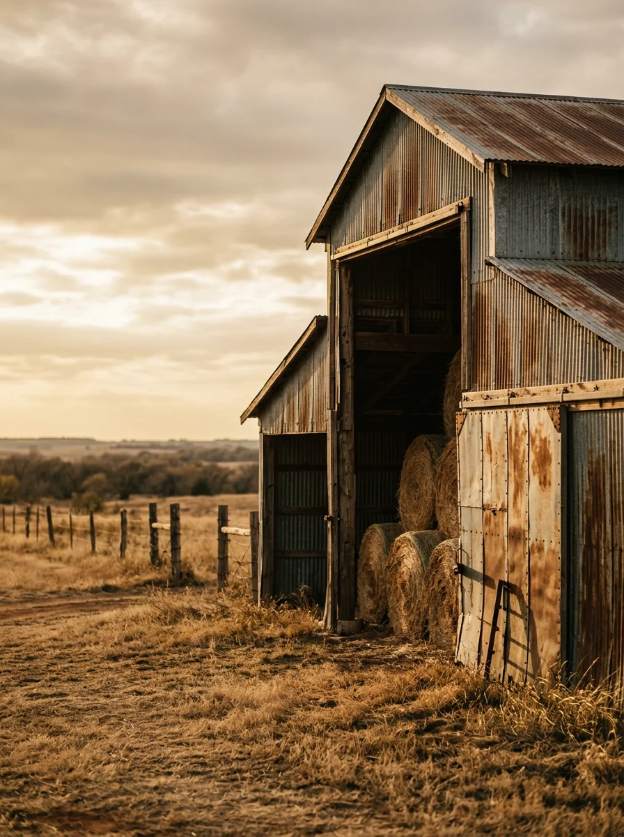Completed hay storage building with metal frame and siding on agricultural property in Canadian County, Oklahoma