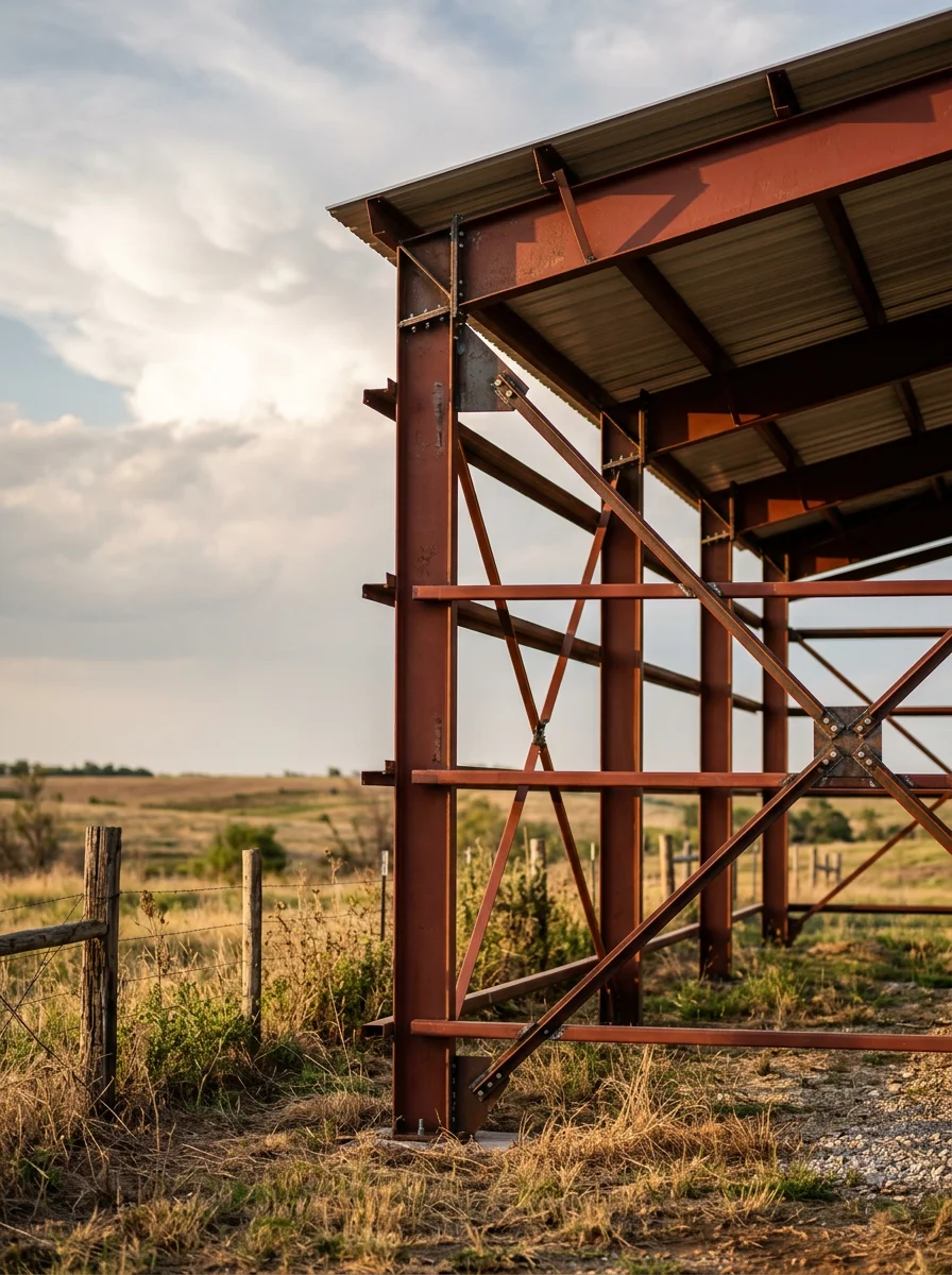 Completed metal hay storage facility in Cleveland County with reinforced connections and tornado-resistant design for spring storm protection