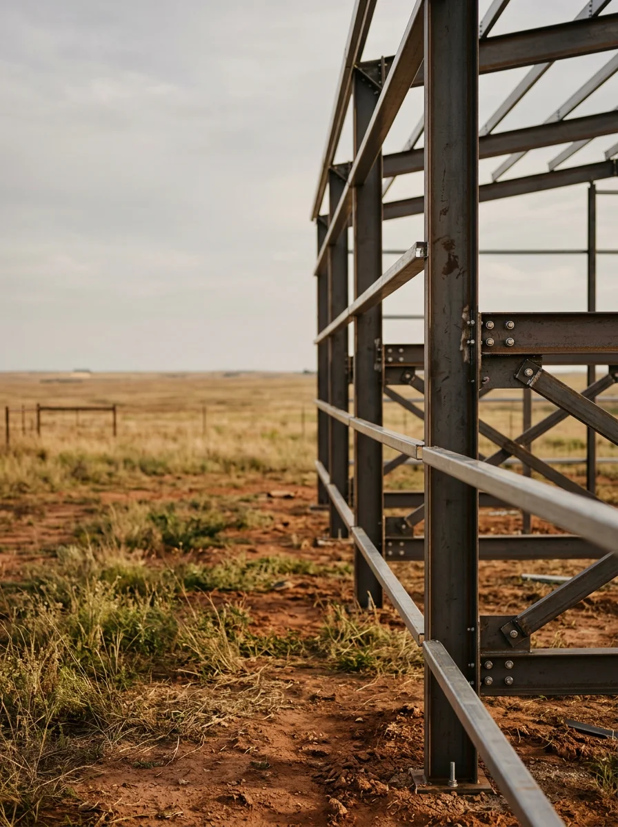 Livestock facility with metal framing under construction on flat Comanche County pasture near Lawton