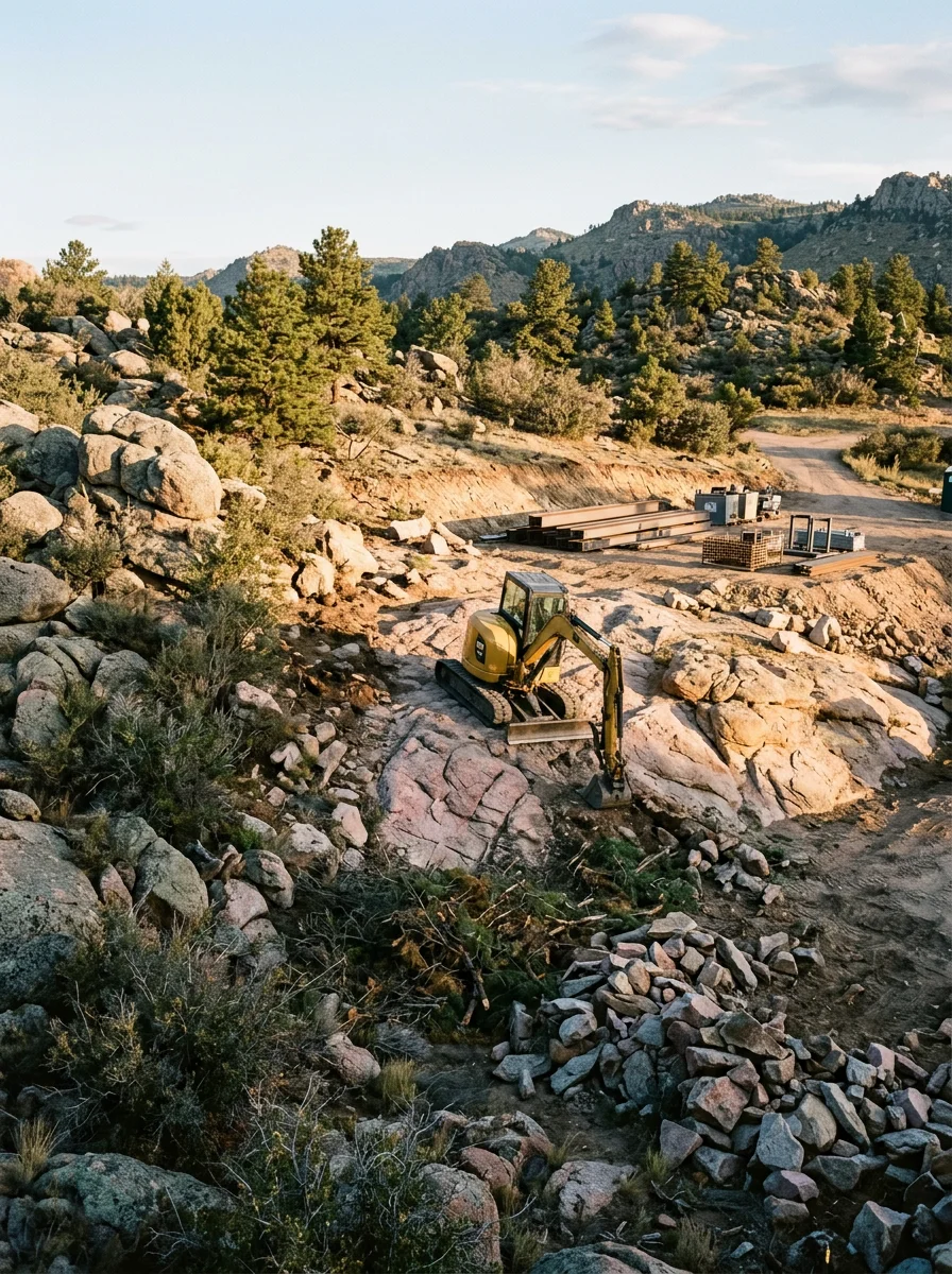 Site preparation and land clearing on rocky Douglas County foothills with equipment staging area for metal building construction