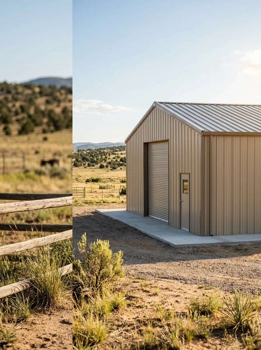 Steel agricultural storage building on prepared foundation in El Paso County ranch country