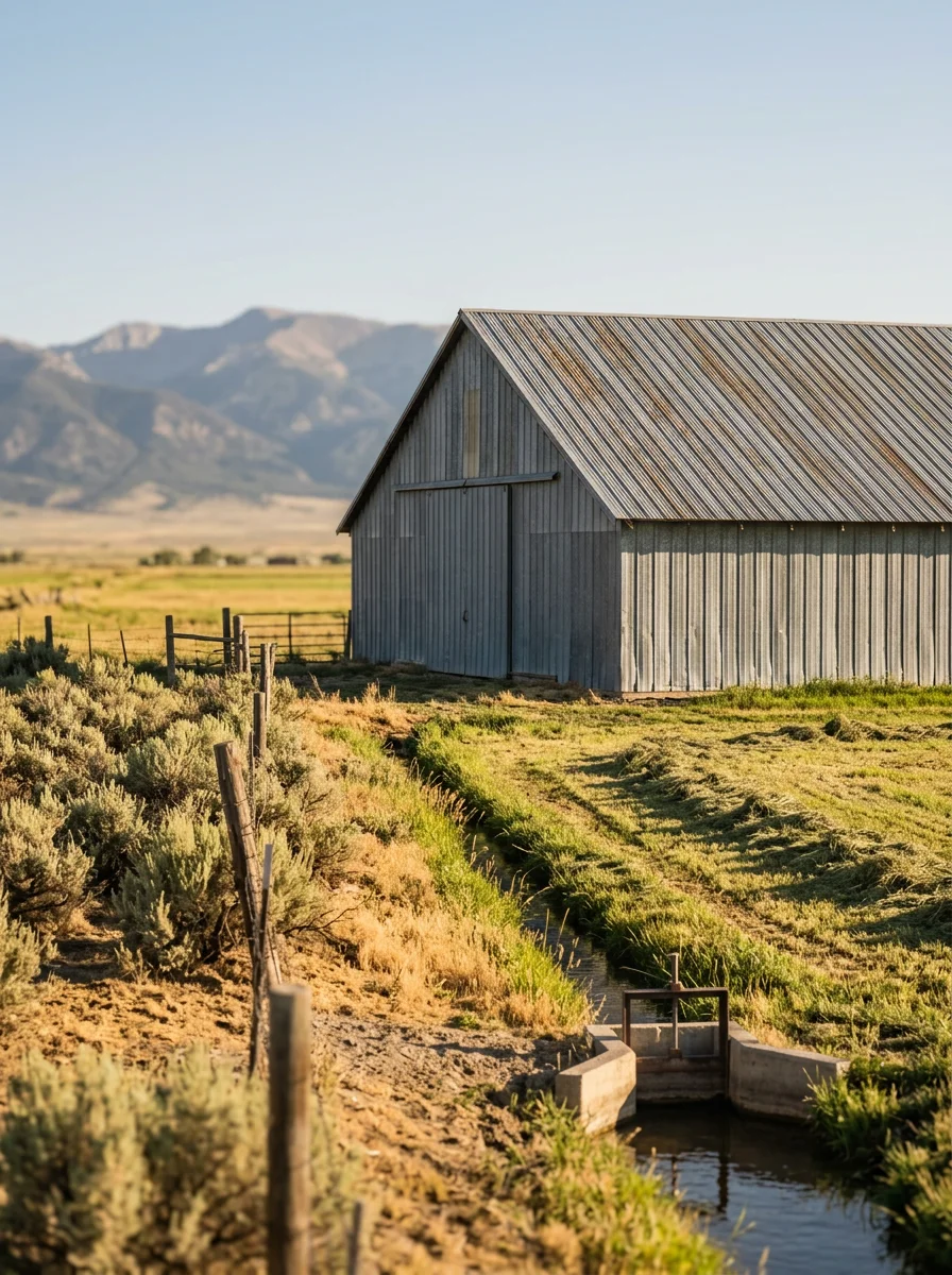 Metal hay storage structure on irrigated pasture near Riverton with mountain terrain visible