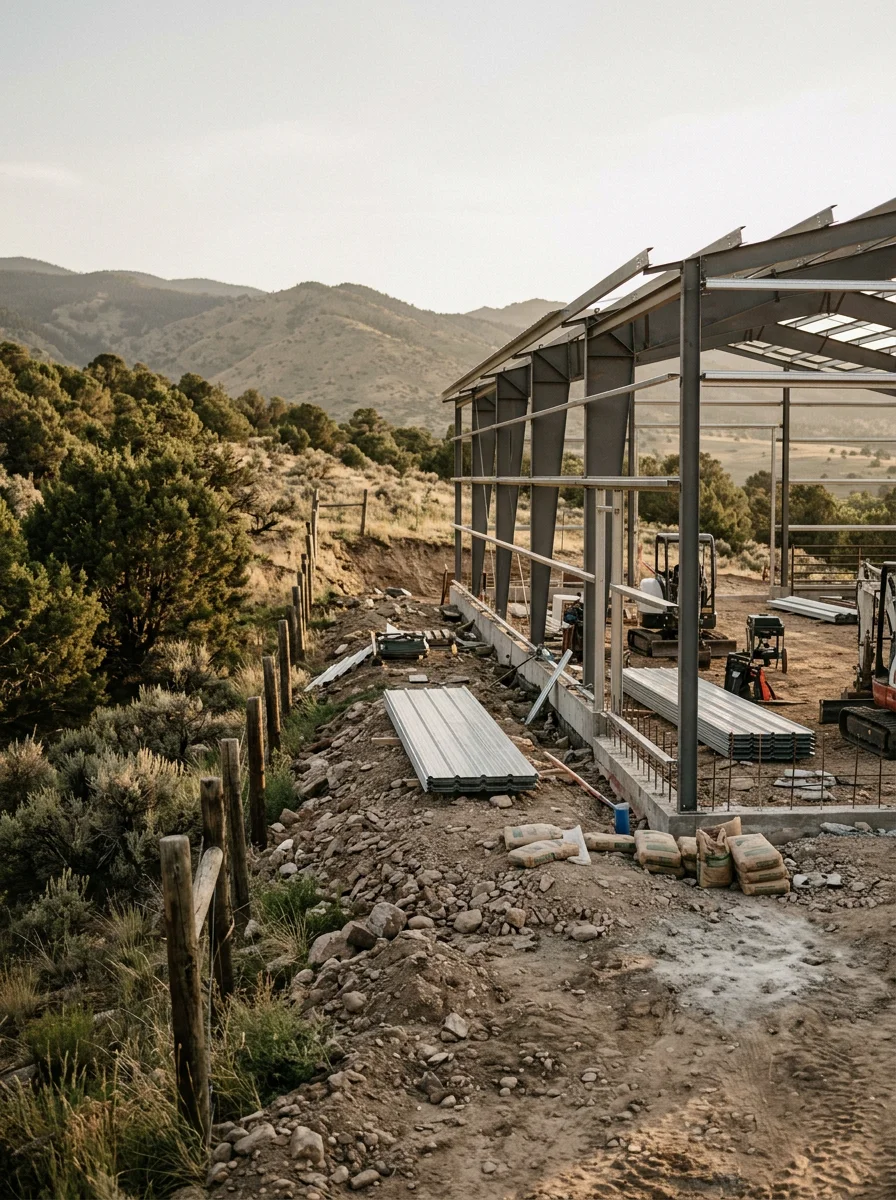 Metal livestock facility under construction on sloped Jefferson County terrain with mountain views
