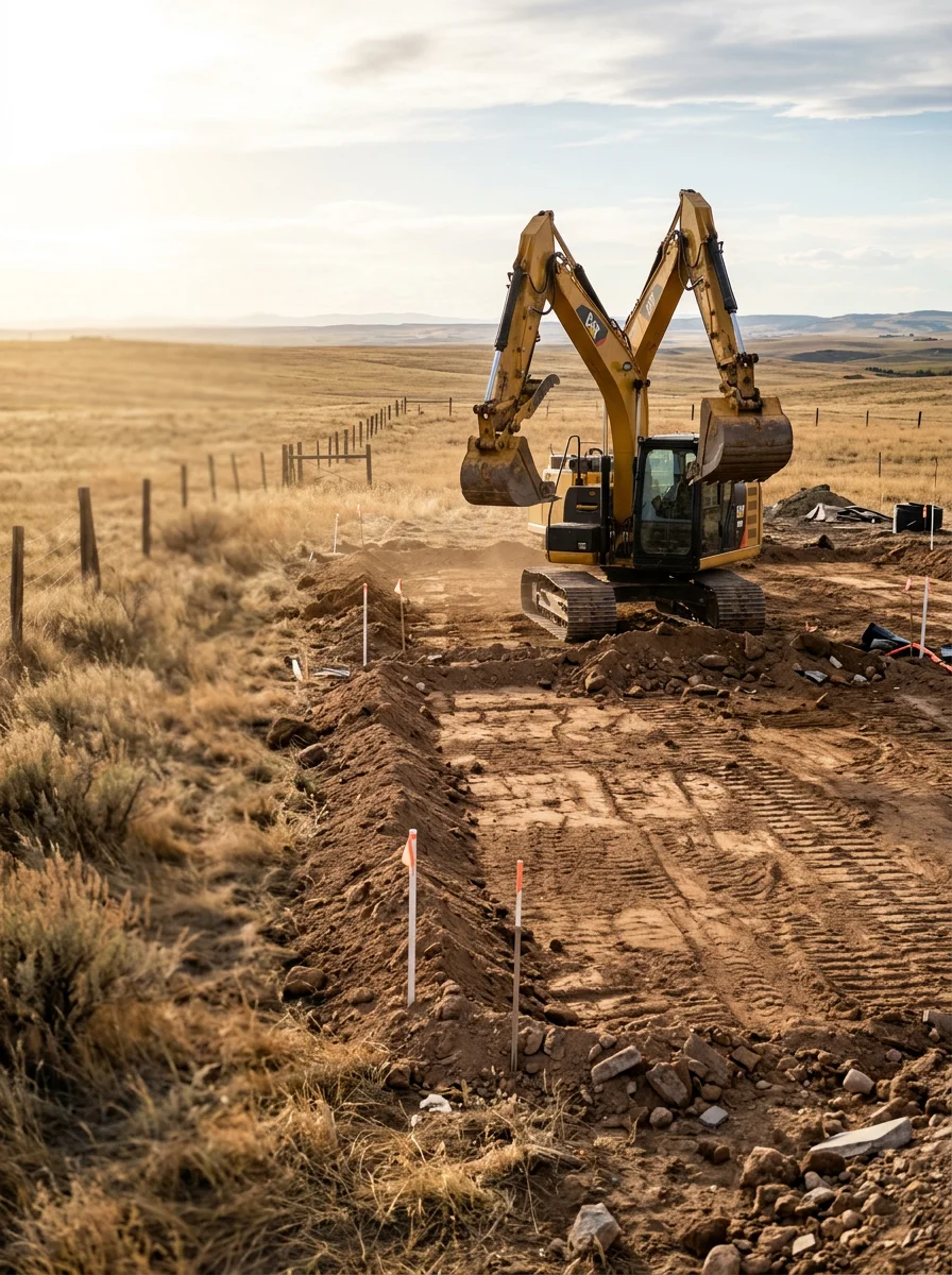Excavation and site grading equipment preparing foundation for agricultural building on Laramie County ranch property