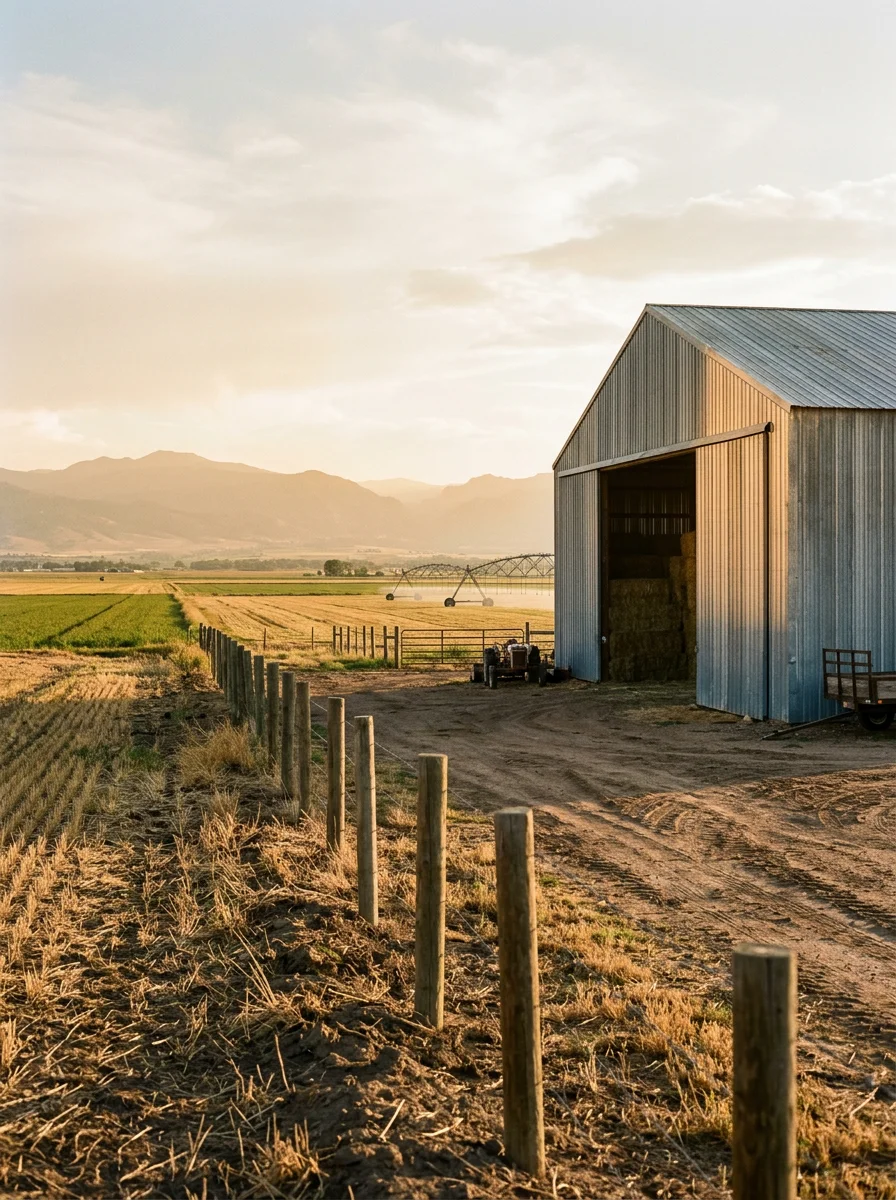 Completed metal hay storage facility on irrigated farmland in Larimer County, Colorado