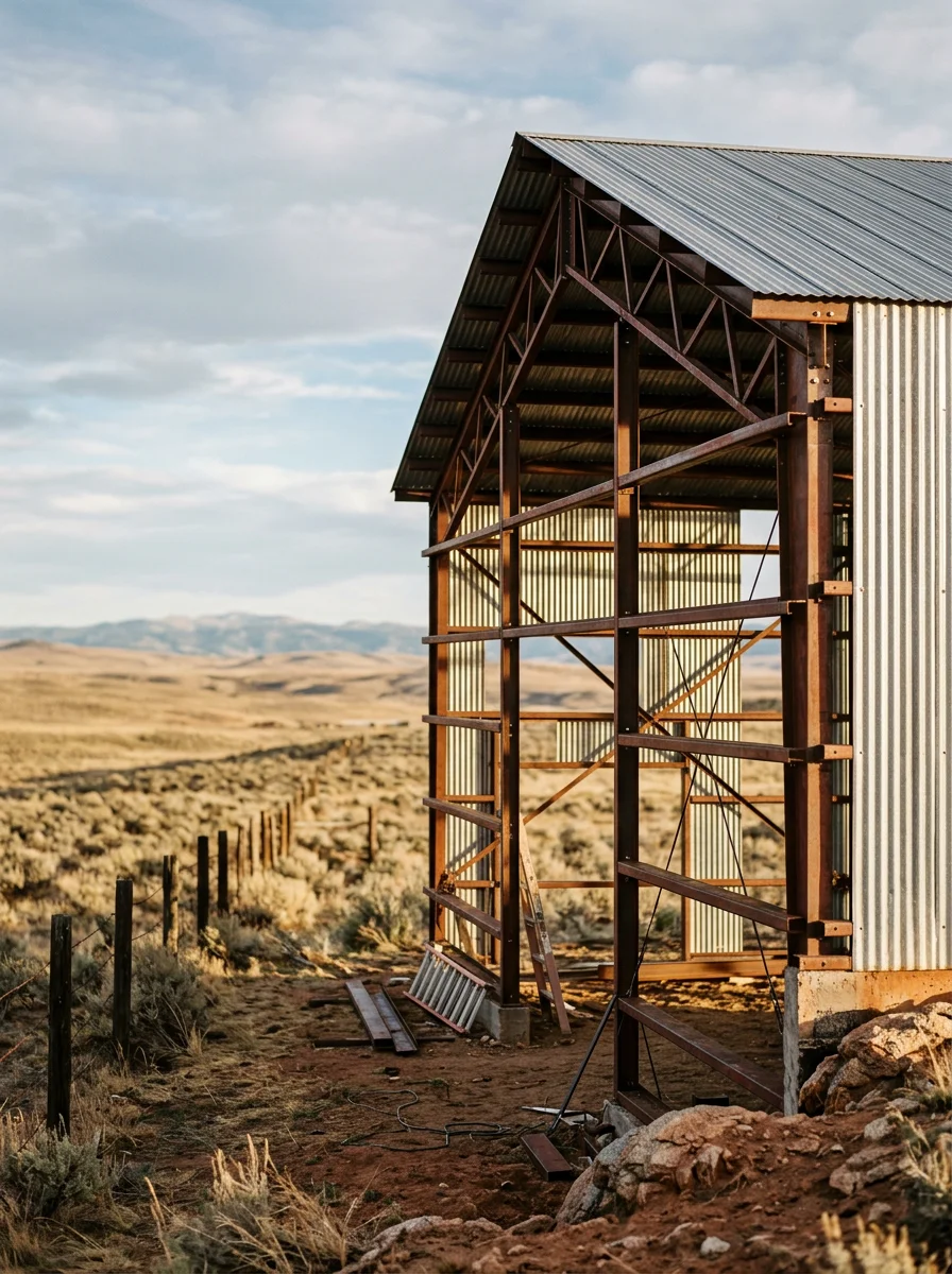 Hay storage metal building under construction on Natrona County ranch with exposed rock and mountain backdrop