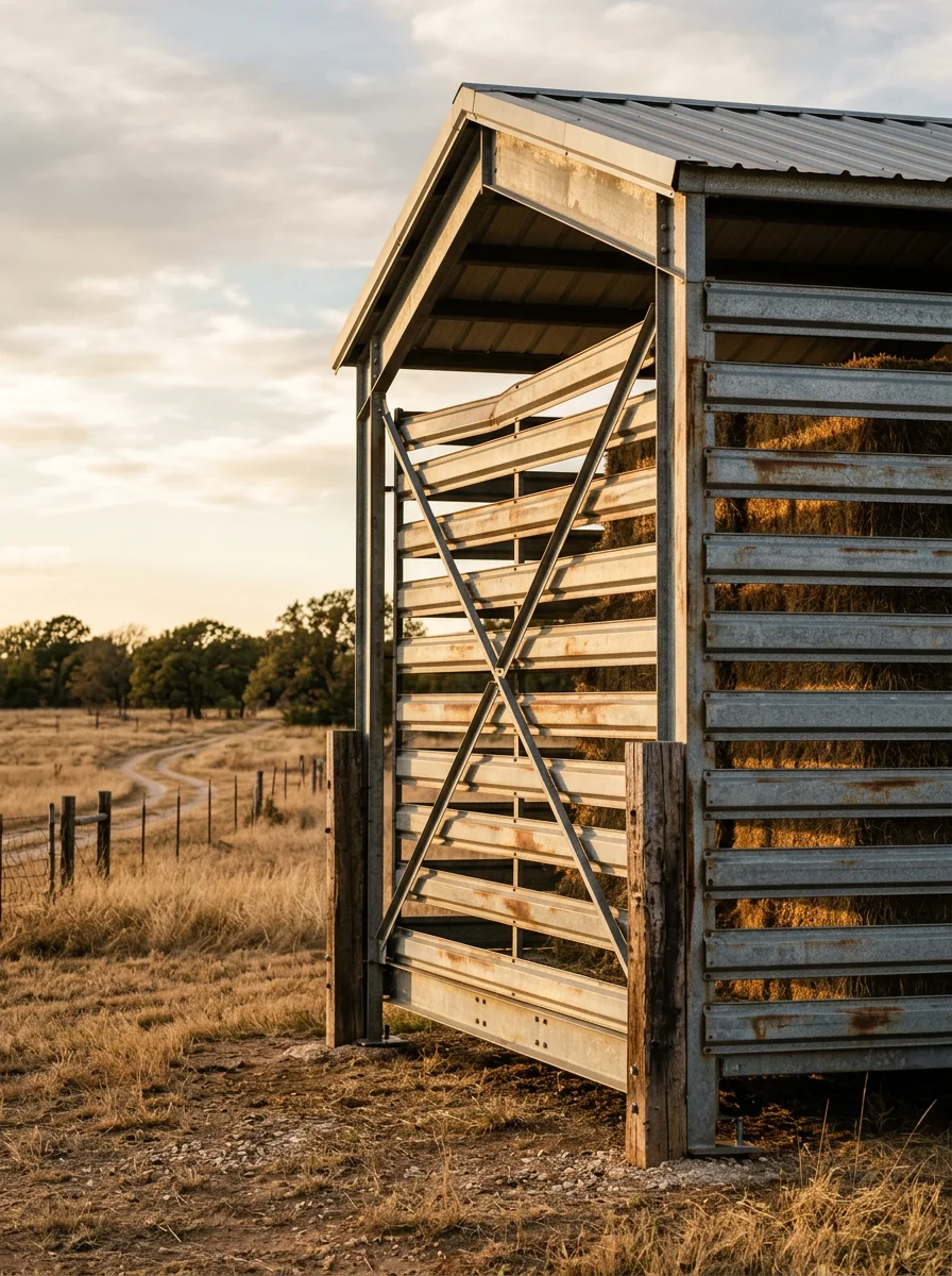 Completed hay storage building with metal frame and slatted sides in Oklahoma County ranch setting