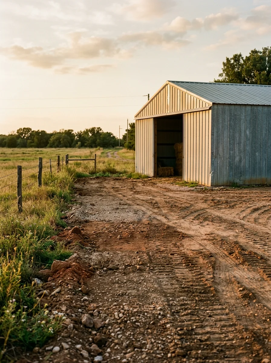 Metal hay storage building on a Rogers County farm with site preparation and grading completed