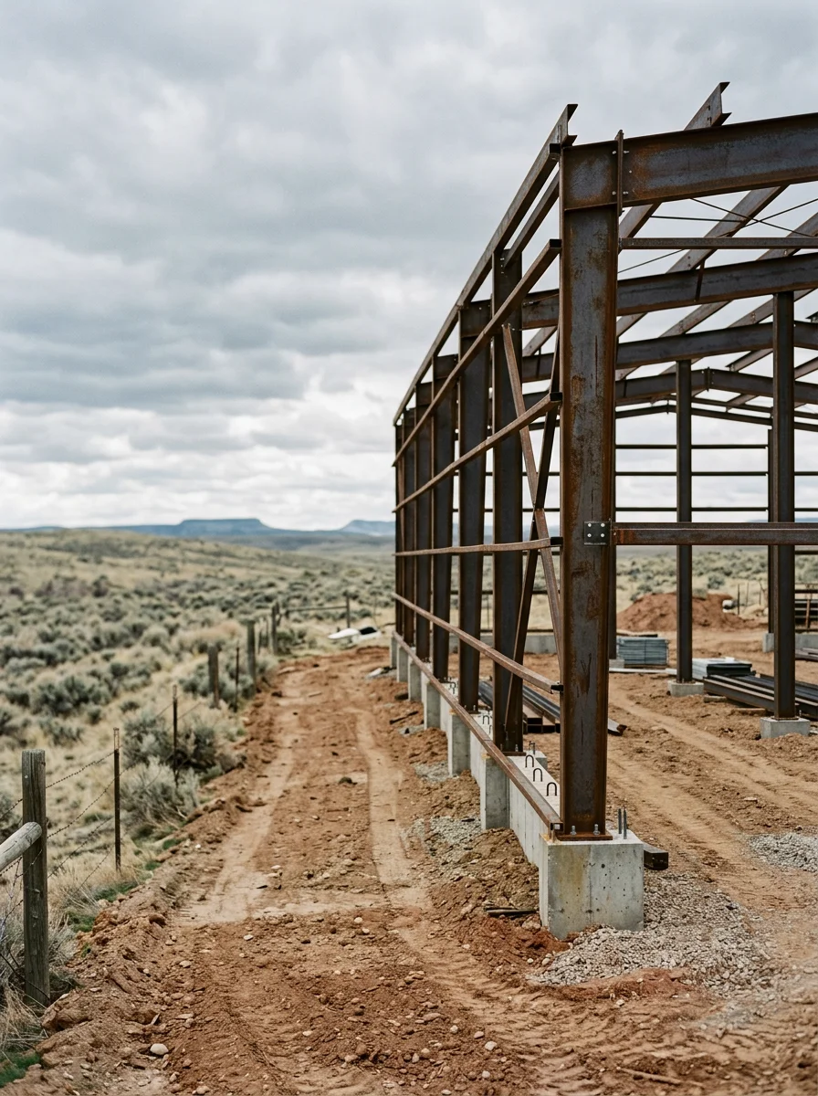Livestock facility with steel frame construction on a Sweetwater County ranch, showing proper site grading and foundation work on semi-arid terrain