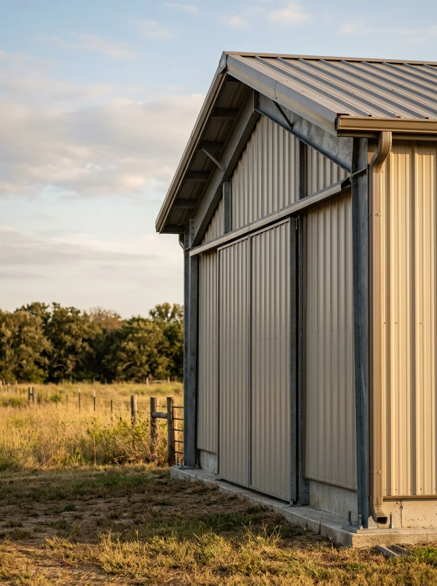 Completed metal hay storage building in Tulsa County designed for tornado resistance and heavy rainfall drainage
