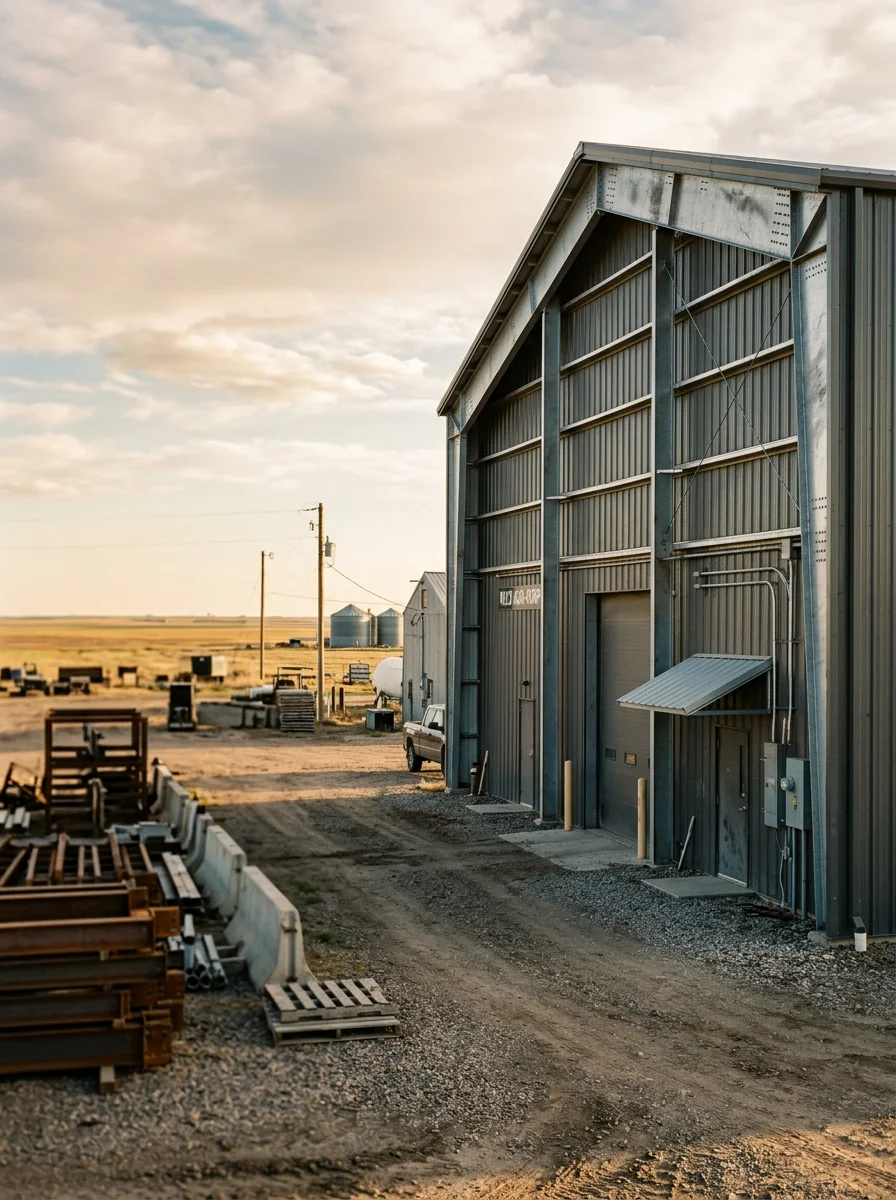 Steel-framed dairy facility with metal siding in Weld County, Colorado showing modern livestock housing construction