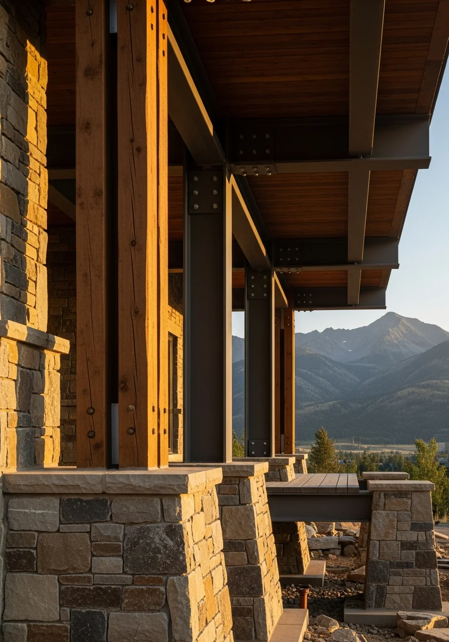 Close-up of a completed residential project in a Wyoming mountain community with natural stone and timber details.