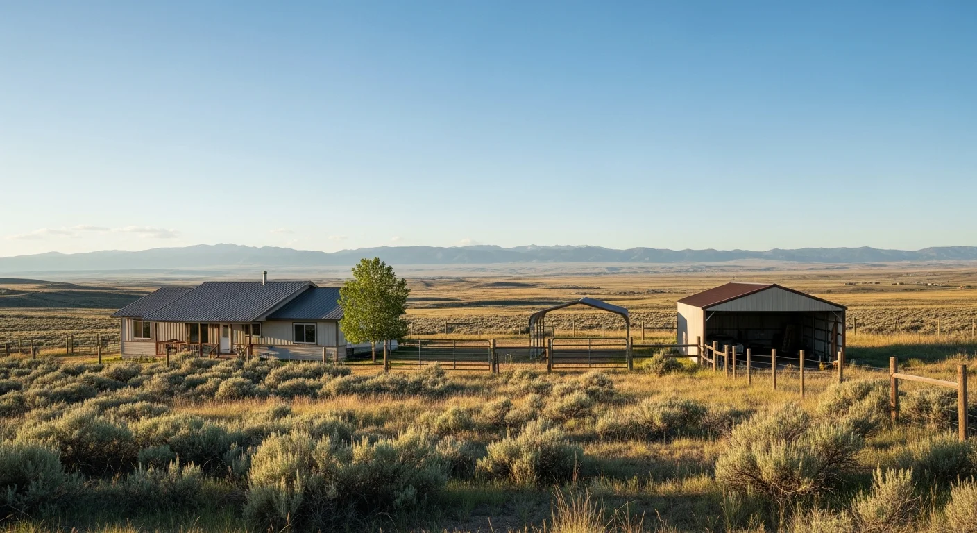 Wide view of Wyoming landscape with mountains in the distance and a residential property in the foreground under clear sky.