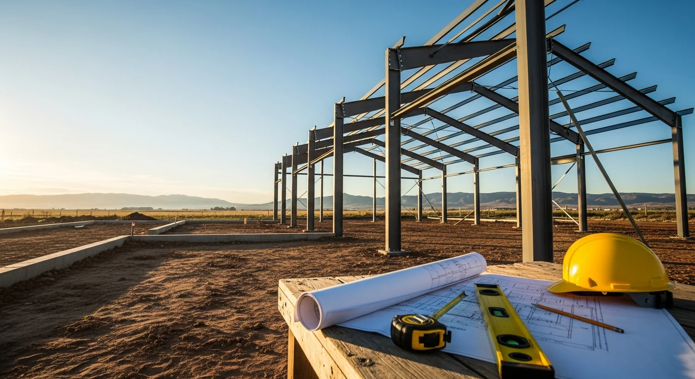 A completed metal agricultural building on a rural property near Loveland, Colorado, with large equipment access doors and a clear-span interior. The structure sits on open farmland against the Northern Front Range foothills.