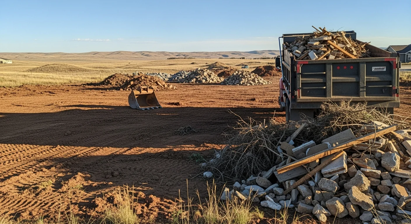 A cleared building site near Loveland, CO with debris and brush removed, showing bare graded ground ready for construction. A work truck and equipment are visible on the clean lot against a Northern Colorado landscape.