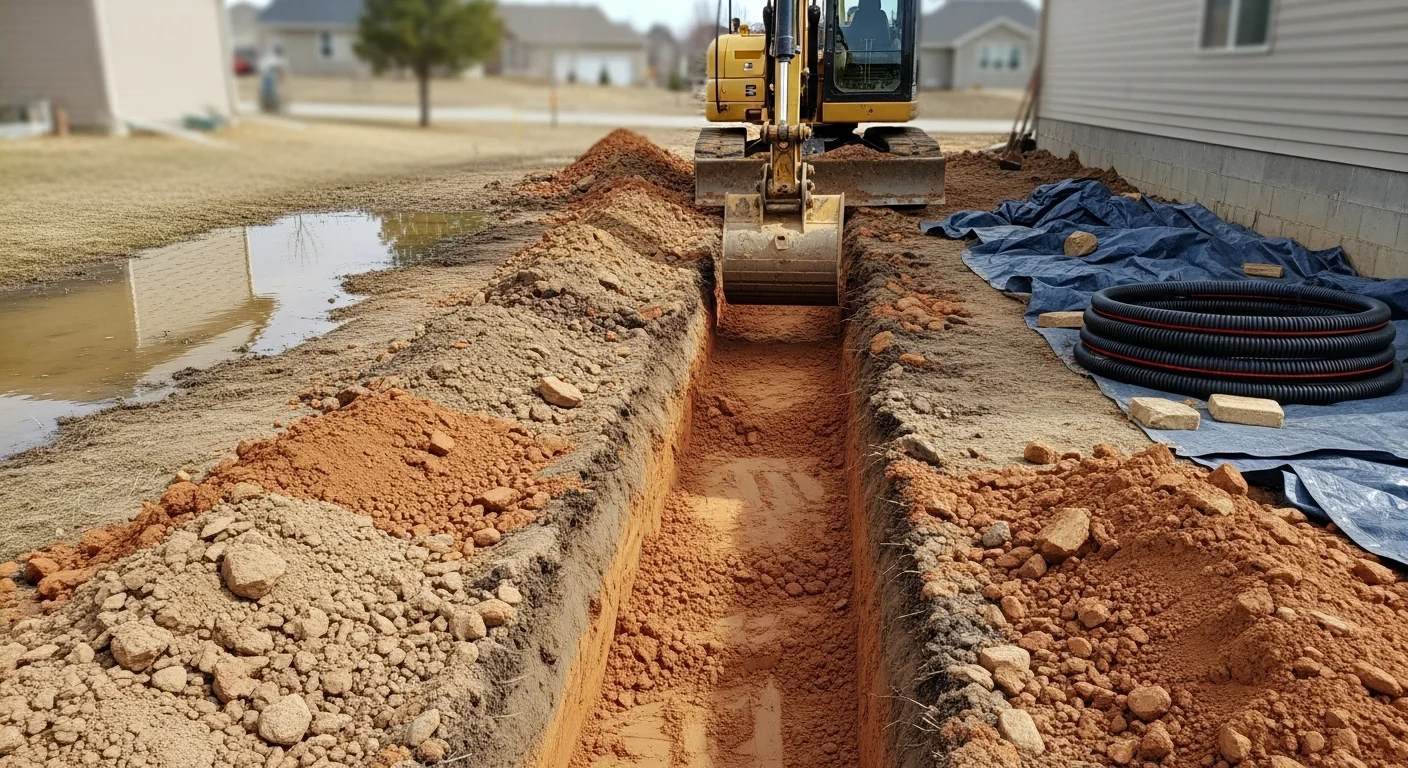 A tracked excavator digging a drainage trench along a residential property in Loveland, CO, with exposed soil and a graded slope directing water away from the structure. Freshly excavated earth is piled beside the open trench on a rural property near county road access.