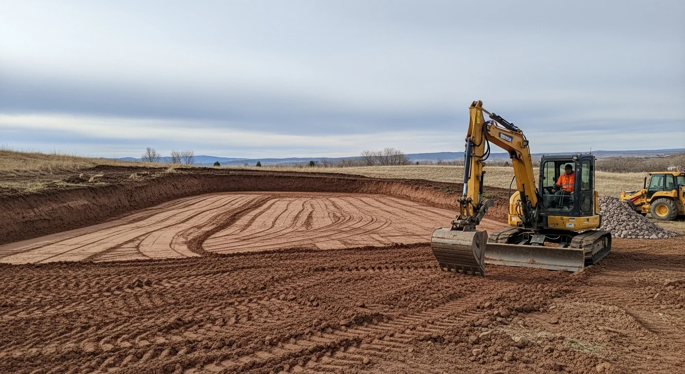 A tracked excavator grading a raw dirt lot on a rural Loveland, Colorado property with the Front Range foothills visible in the background. The site shows freshly moved earth with cut slopes and a level building pad prepared for construction.