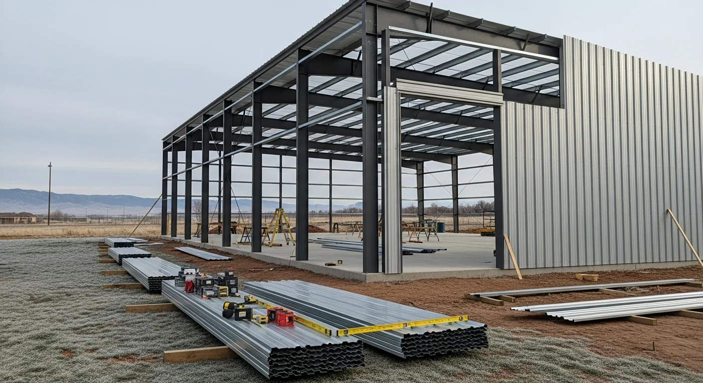A completed metal equipment storage building on a rural Loveland, Colorado property with wide roll-up doors open and clear-span interior visible. The steel structure sits on a concrete pad with the Rocky Mountain foothills visible in the background.