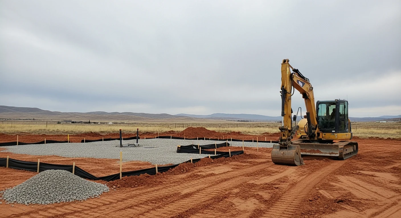 A tracked excavator digging a foundation trench on a rural Loveland, Colorado property with open terrain and the Front Range foothills visible in the background. Freshly graded soil is staged alongside the trench, ready for utility installation or foundation forming.