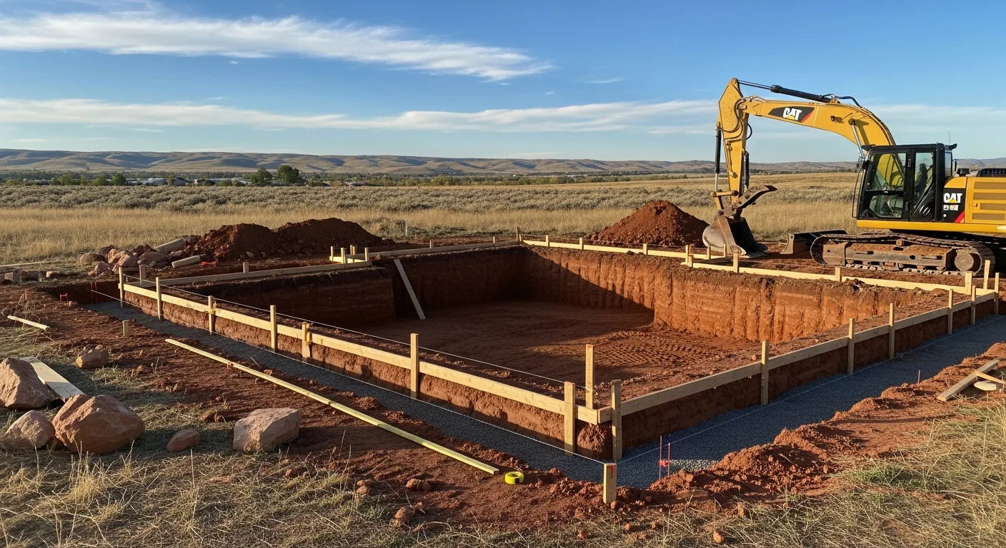 A tracked excavator digging a rectangular foundation footprint on a Loveland, Colorado build site with graded soil walls and open terrain in the background. The excavation shows clean, level bearing surfaces prepared for footing forms on a Larimer County residential project.