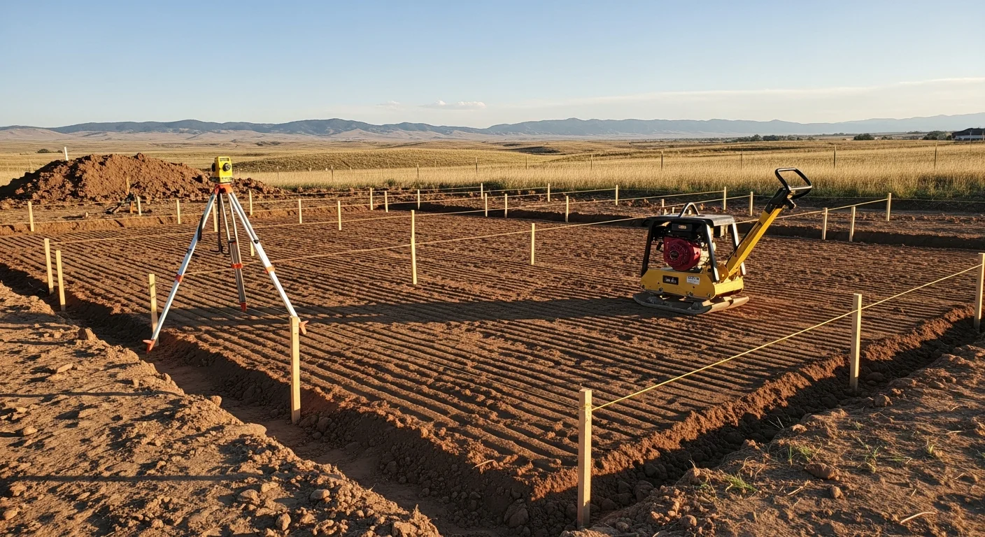 A graded and compacted building site in Loveland, Colorado, with excavated foundation footings visible and surrounding soil cleared and leveled for new construction. The site shows proper slope grading away from the foundation area on a rural Larimer County property.