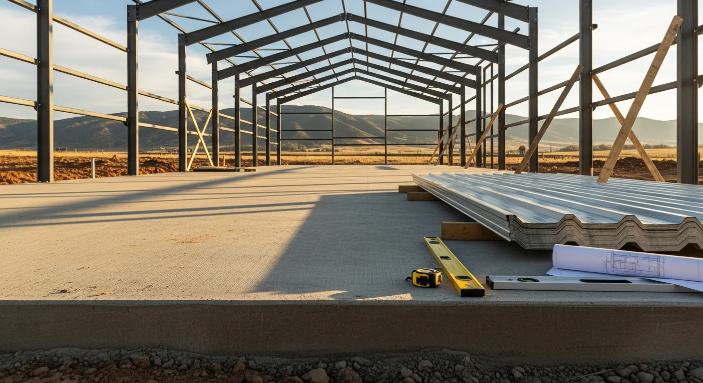 A completed metal hay storage building on a rural agricultural property near Loveland, Colorado, with large open bays and a steep-pitch roof designed to shed snow. The structure sits on a flat lot with baled hay stacked inside, visible through the open front wall.