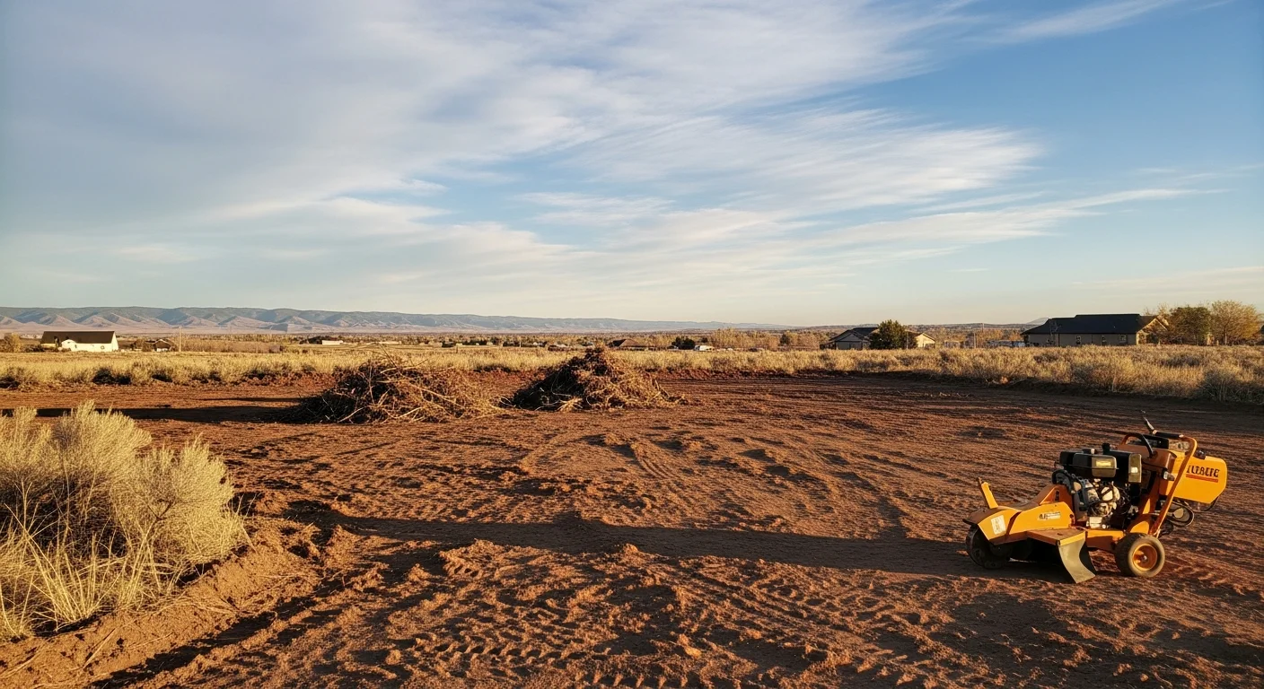 A Loveland, Colorado building lot after professional land clearing, showing graded bare soil with stumps and brush removed and the surrounding Northern Colorado terrain visible in the background. Heavy equipment tracks are visible across the leveled site, indicating recent site preparation work by a contractor.