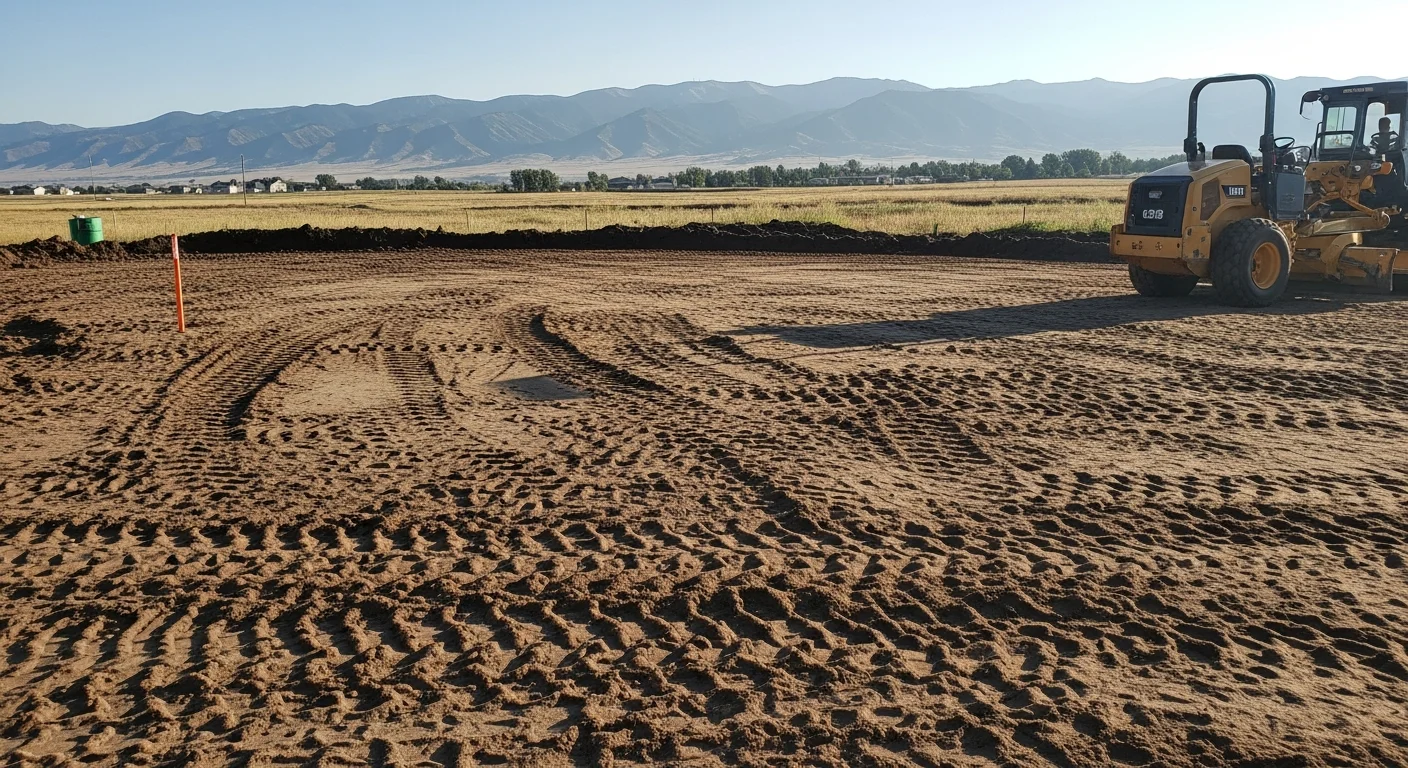A tracked grader levels a sloped residential lot on a rural property near Loveland, Colorado, with freshly shaped soil and a drainage swale visible along the property edge. The surrounding landscape shows the open terrain typical of the East County Road 16 corridor in Larimer County.
