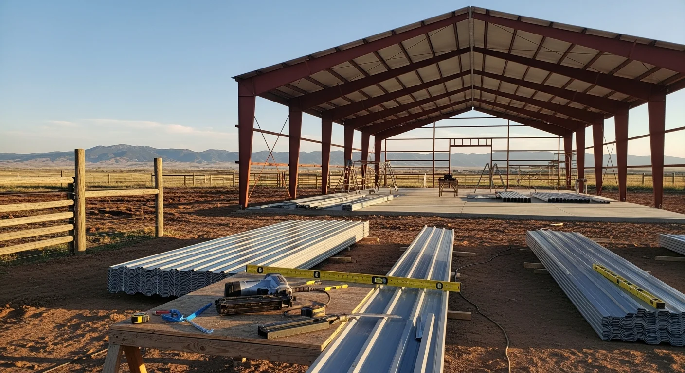 A completed metal livestock barn built by 10/Tin Construction on a rural agricultural property near Loveland, Colorado, with wide access doors and a clear-span interior designed for cattle housing. The structure sits on open acreage in Larimer County with the Front Range visible in the background.
