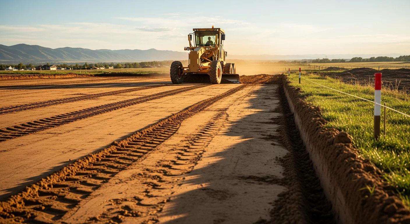 A tracked grader shaping a flat, compacted building pad on a rural Loveland, Colorado lot with open terrain and the Front Range visible in the background. Freshly graded soil shows precise slope lines ready for foundation work.