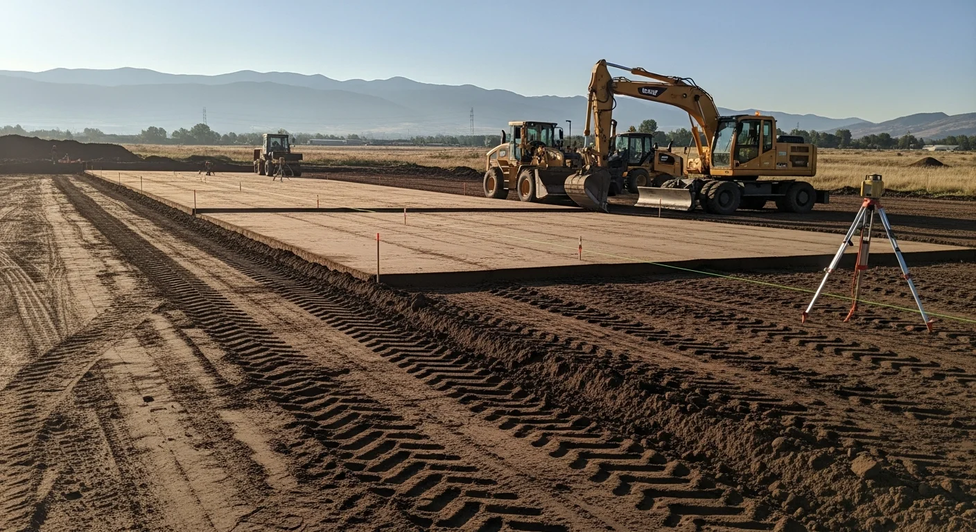 A graded and cleared building site in Loveland, Colorado with compacted soil and defined drainage slopes ready for foundation work. Heavy equipment tracks are visible across the leveled lot with the Front Range visible in the background.