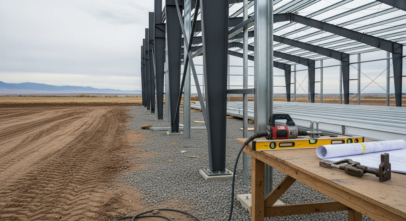 A completed steel framed building with clear-span interior on a rural Loveland, Colorado property along the Front Range. The structure features vertical wall panels and a pitched metal roof engineered for local snow and wind load conditions.